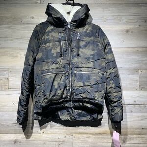 Avec Les Filles Puffer Jacket Coat Olive Camo Size XS Faux Shearling Hood Zip-Up